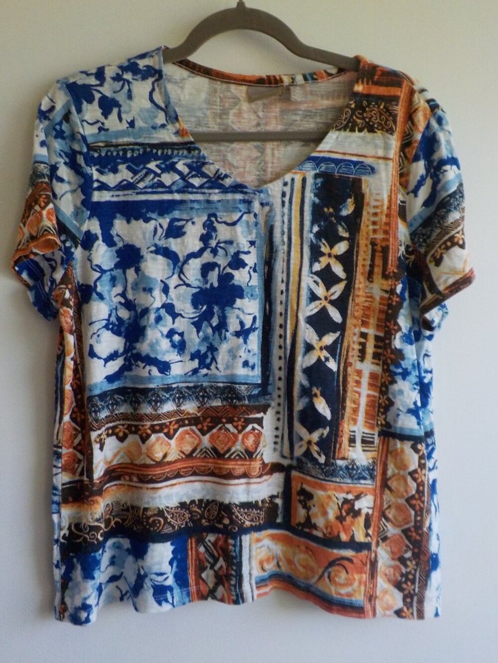 Chico's Top Tee - Size 2 (large) - short sleeve multicolor COTTON blend (2463)